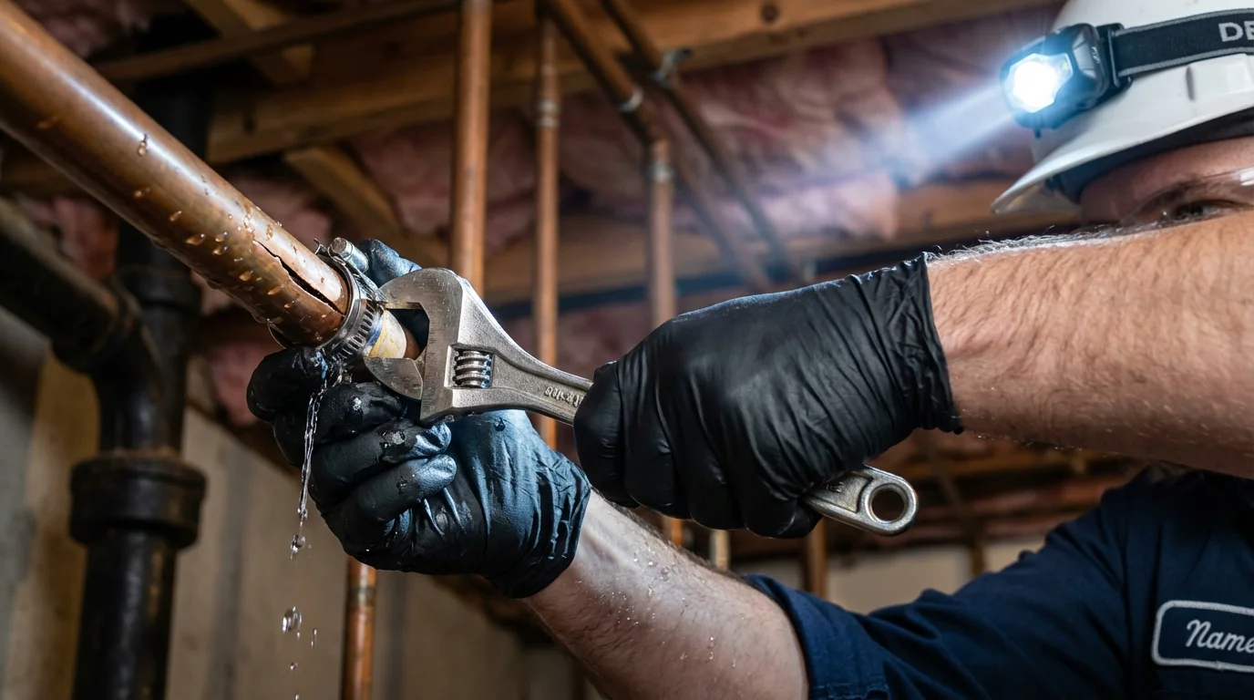 Emergency pipe clamp repair being performed by a Johns Plumbing LLC plumber in Gooding