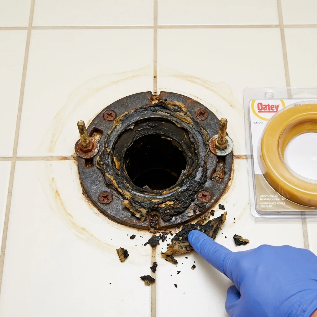 Failed wax ring showing water seepage at the base of a toilet in a Gooding, ID home