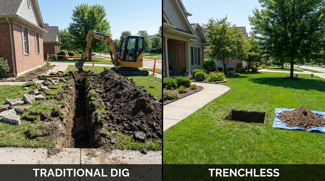 Trenchless sewer repair with minimal yard damage versus traditional excavation in Gooding, ID