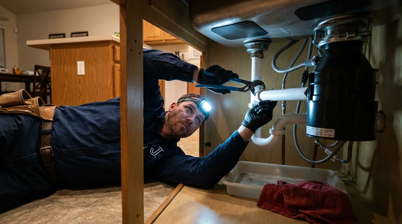 P-trap and supply line connections under a kitchen sink showing a common leak point in Gooding, ID